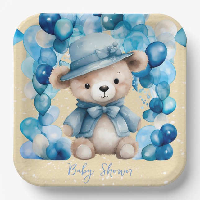 Teddy Bear Blue Arch Balloons Boy Baby Dusche Pappteller (Vorderseite)