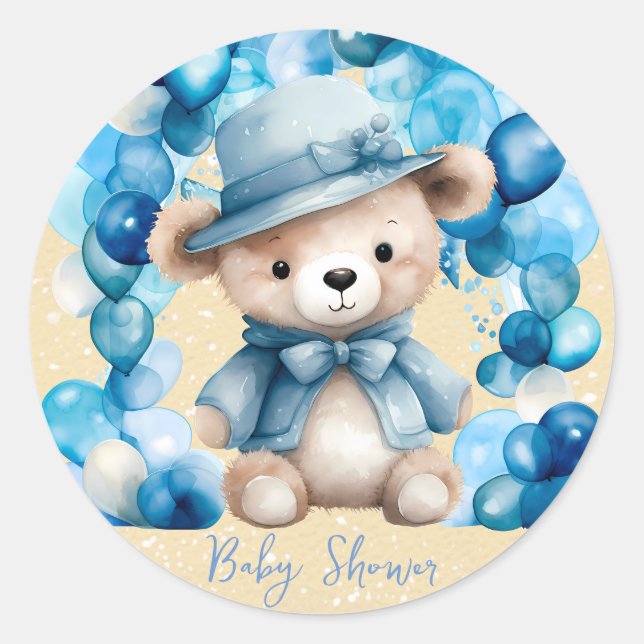 Teddy Bear Blue Arch Balloons Boy Baby Dusche Runder Aufkleber (Vorderseite)