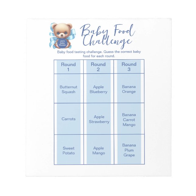 Teddy Bear Blue Baby Dusche Food Challenge Game Notizblock (Vorderseite)
