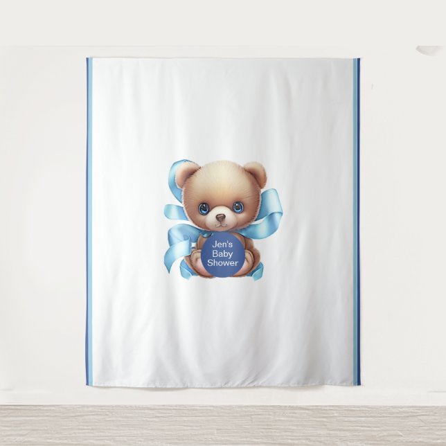 Teddy Bear Blue Baby Dusche Hintergrund Tapestatio Wandteppich (Vorderseite)
