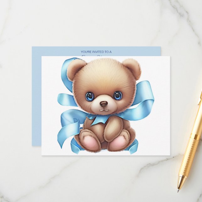 Teddy Bear Blue Baby Shooting Card QR Code Begleitkarte (Vorderseite/Rückseite Beispiel)
