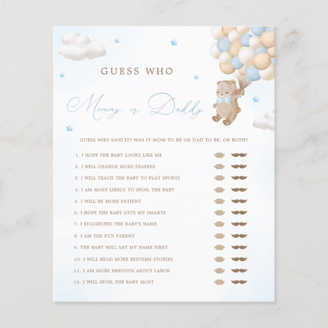 Teddy Bear Blue Baby Shower Mommy oder Daddy Game (Vorderseite)