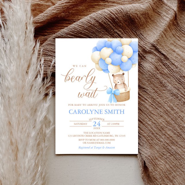 Teddy Bear Blue Ballon Bearly Wait Baby Dusche Einladung (Von Creator hochgeladen)