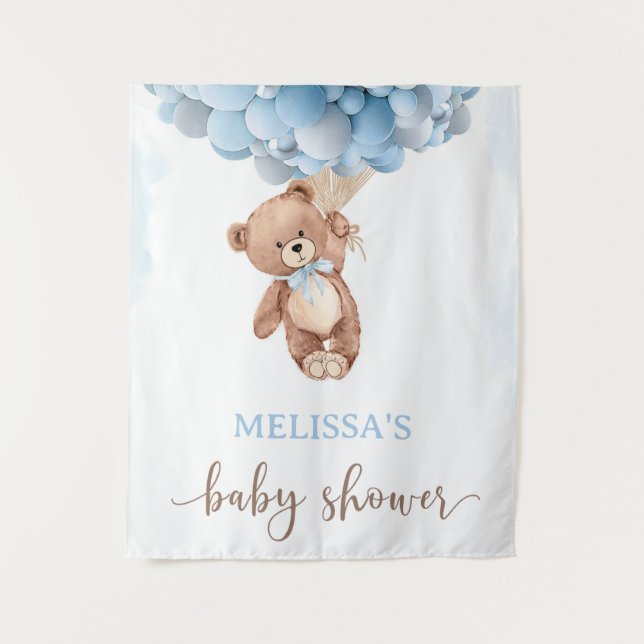 Teddy Bear Blue Ballon Bearly Wait Baby Dusche Wandteppich (Vorderseite)