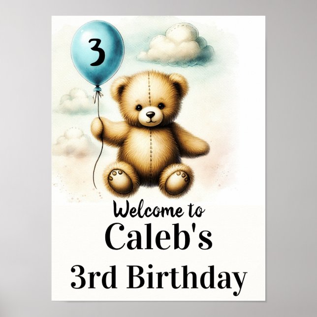 Teddy Bear Blue Balloon 1. Geburtstagszeichen Poster (Vorne)