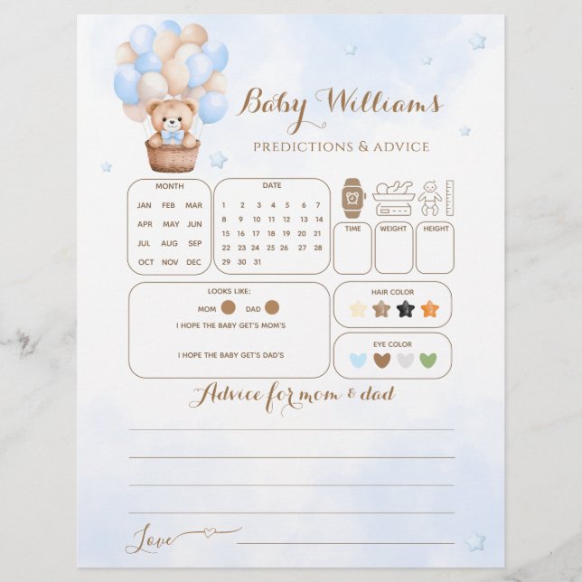 Teddy Bear Blue Balloon Baby Boy Guessing Game (Vorderseite)