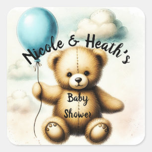 Teddy Bear Blue Balloon Baby Dusche Quadratischer Aufkleber
