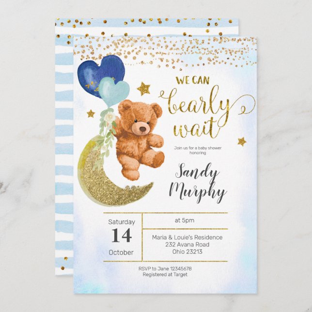 Teddy Bear Blue Balloon Baby Shower Einladung (Vorne/Hinten)