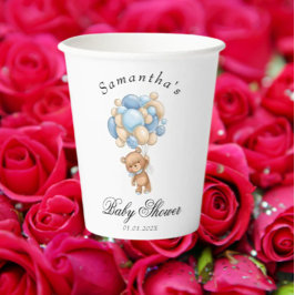 Teddy Bear Blue Balloon Baby Showpapier Cups Pappbecher