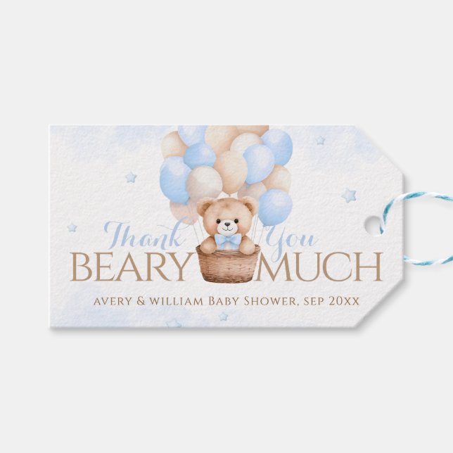 Teddy Bear Blue Balloon Babydusche Geschenkanhänger (Vorderseite (Horizontal))