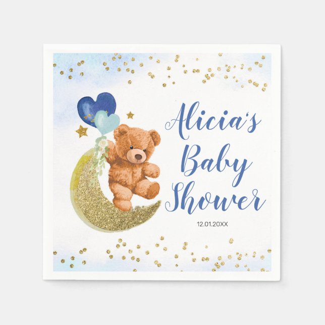 Teddy Bear Blue Balloon Babydusche Napkins Serviette (Vorderseite)