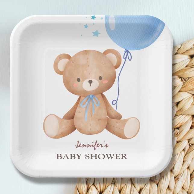 Teddy Bear Blue Balloon Babydusche Pappteller (Von Creator hochgeladen)