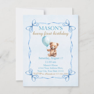 Teddy Bear Blue Balloon Bary First Birthday Einladung