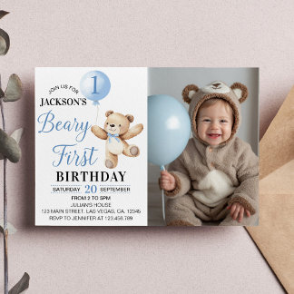 Teddy Bear Blue Balloon Beary First Birthday Foto Einladung