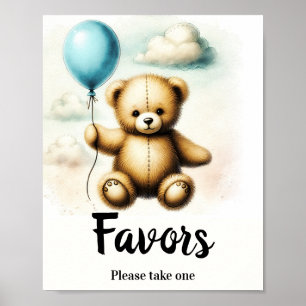 Teddy Bear Blue Balloon Birthday Favor Sign Poster