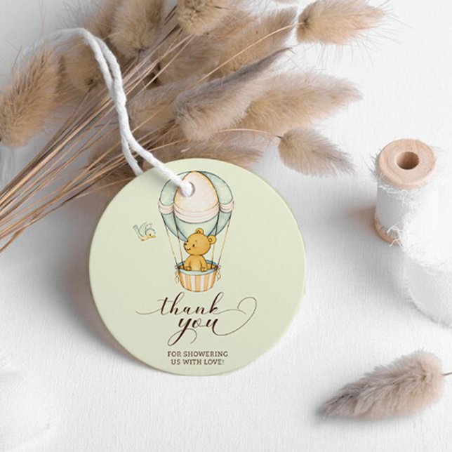 Teddy Bear Blue Balloon Danke, Baby Show Geschenkanhänger (teddy bear thank you baby shower tag)