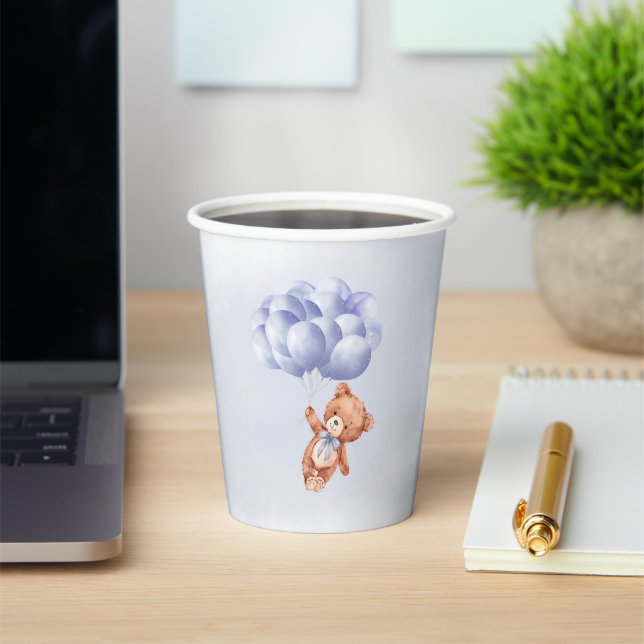 Teddy Bear Blue Balloon Wassercolor Babydusche Pappbecher (InSitu)