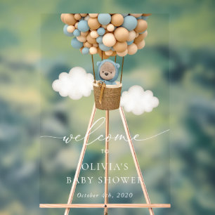 Teddy Bear, Blue Balloons, Baby Dusche Willkommen Acrylschild