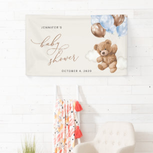 Teddy Bear, Blue Balloons, Baby Dusche Willkommen Banner