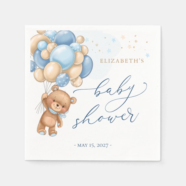 Teddy Bear Blue Balloons Babydusche Napkins Serviette (Vorderseite)