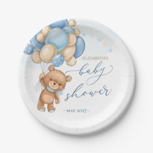 Teddy Bear Blue Balloons Babydusche Pappteller