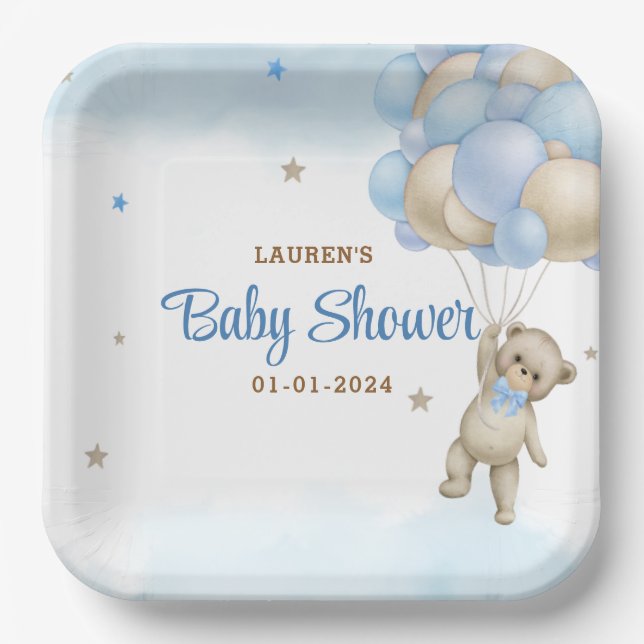 Teddy Bear Blue Balloons Babydusche Pappteller (Vorderseite)