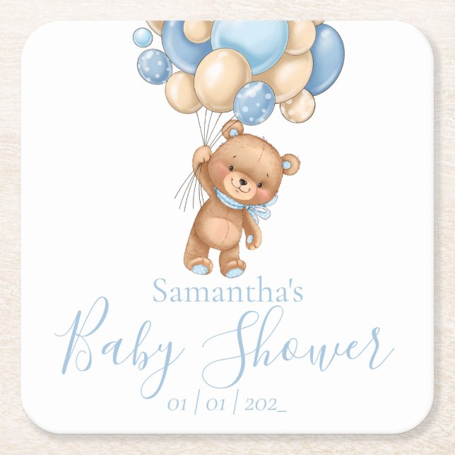 Teddy Bear Blue Balloons Babydusche Rechteckiger Pappuntersetzer (Vorderseite)