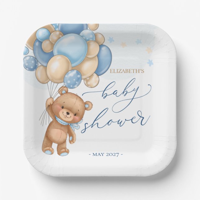 Teddy Bear Blue Balloons Babydusche Teller (Vorderseite)