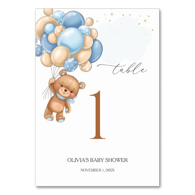 Teddy Bear Blue Balloons Babydusche Tischnummer (Vorderseite)