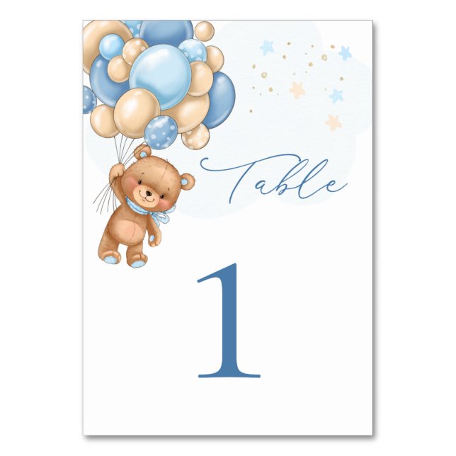 Teddy Bear Blue Balloons Babydusche Tischnummer (Vorderseite)