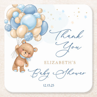 Teddy Bear Blue Balloons Babydusche Vielen Dank Rechteckiger Pappuntersetzer