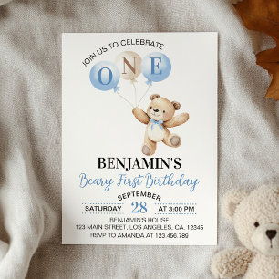 Teddy Bear Blue Balloons Beary First Birthday Einladung