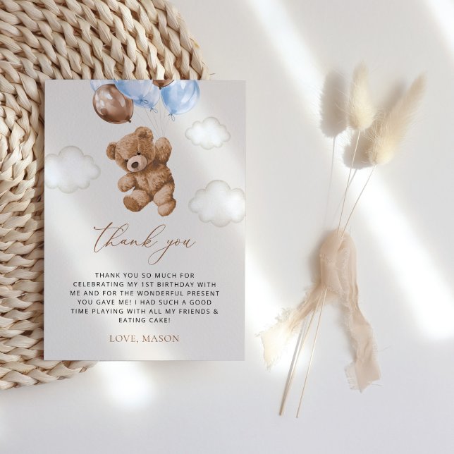 Teddy Bear, Blue Balloons, erster Geburtstag Dankeskarte (Von Creator hochgeladen)