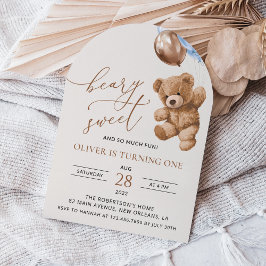 Teddy Bear, Blue Balloons, erster Geburtstag Einladung