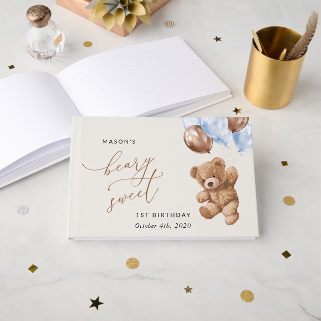 Teddy Bear, Blue Balloons, erster Geburtstag Gästebuch (Vorderseite Offen)