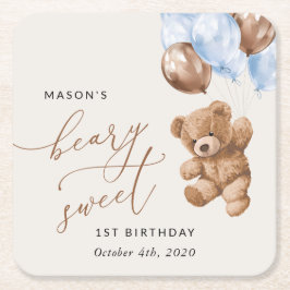 Teddy Bear, Blue Balloons, erster Geburtstag Rechteckiger Pappuntersetzer