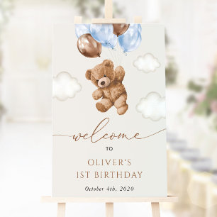 Teddy Bear, Blue Balloons, Erster Geburtstag Willk Poster