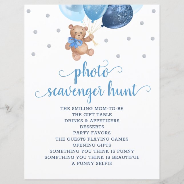 Teddy Bear Blue Balloons Foto Scavenger Jagdspiel (Vorderseite)