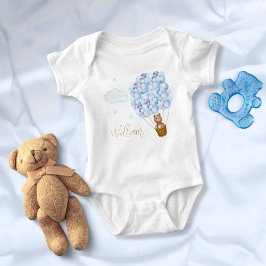 Teddy Bear Blue Balloons Gold Script Baby Strampler