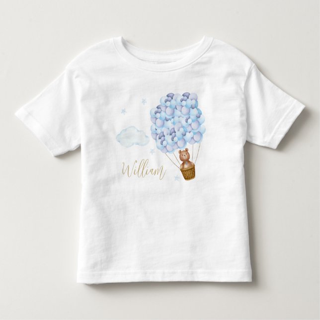 Teddy Bear Blue Balloons Gold Script Kleinkind T-shirt (Vorderseite)