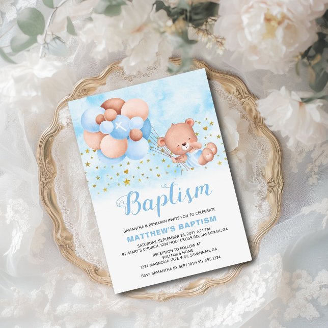 Teddy Bear Blue Balloons Gold Stars Taufe Einladung (This cute baptism invite for boys features an adorable teddy bear being whisked away by balloons.)