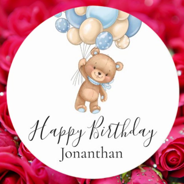 Teddy Bear Blue Balloons Happy Birthday Runder Pappuntersetzer (Celebrate with charm using Teddy Bear Blue Balloons Happy Birthday round paper coasters)