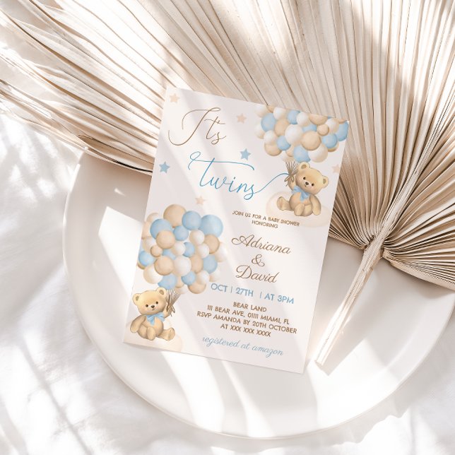 Teddy Bear Blue Balloons Twin Boys Baby Dusche Einladung (Von Creator hochgeladen)
