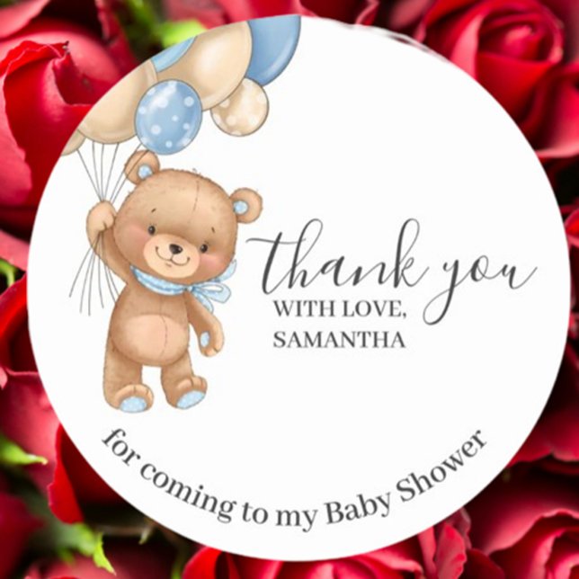Teddy Bear Blue Balloons Vielen Dank Runder Aufkleber (Express heartfelt gratitude with this Teddy Bear Blue Balloons Thank You sticker)