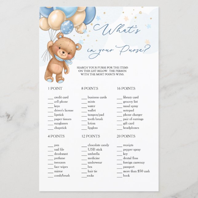 Teddy Bear Blue Balloons Was ist in eurem Purse Ga (Vorderseite)