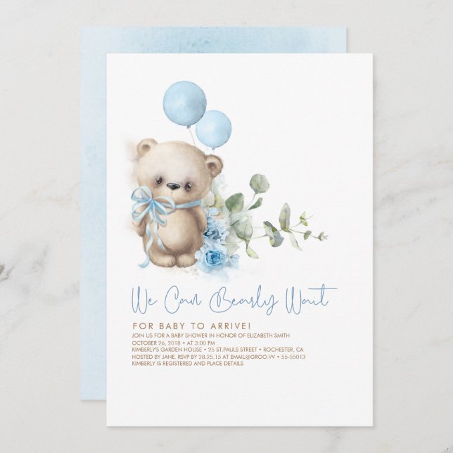 Teddy Bear Blue Blumen und Greenery Baby Dusche Einladung (Vorne/Hinten)