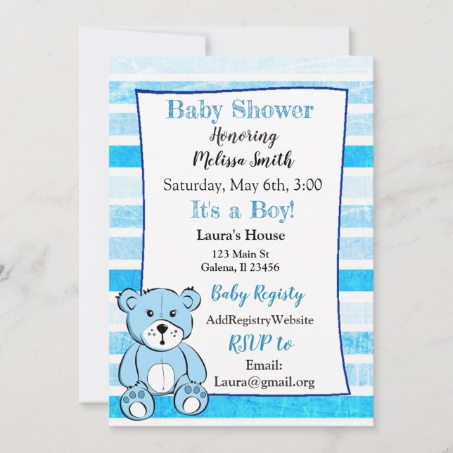 Teddy Bear Blue Boy Baby Shower Einladungen (Vorderseite)