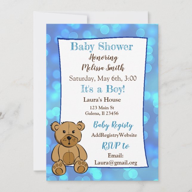 Teddy Bear Blue Boy Baby Shower Einladungen (Vorderseite)