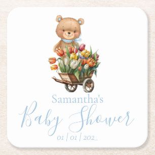 Teddy Bear Blue Floral Rustic Baby Dusche Rechteckiger Pappuntersetzer