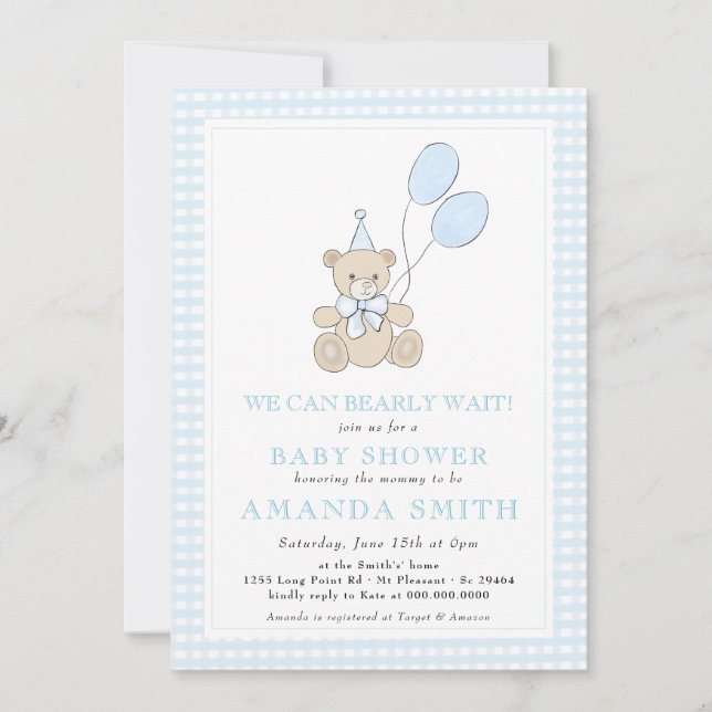 Teddy Bear Blue Gingham Boy Baby Shower Einladung (Vorderseite)